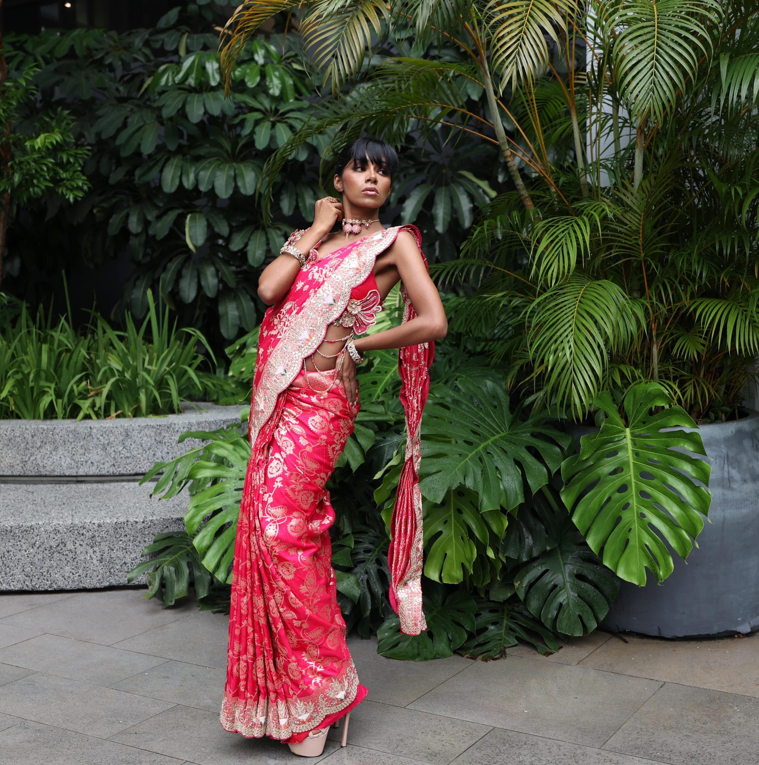 ANIKA BRIDAL EDIT-RANI PINK RED DUALTONE SAREE - Image 7