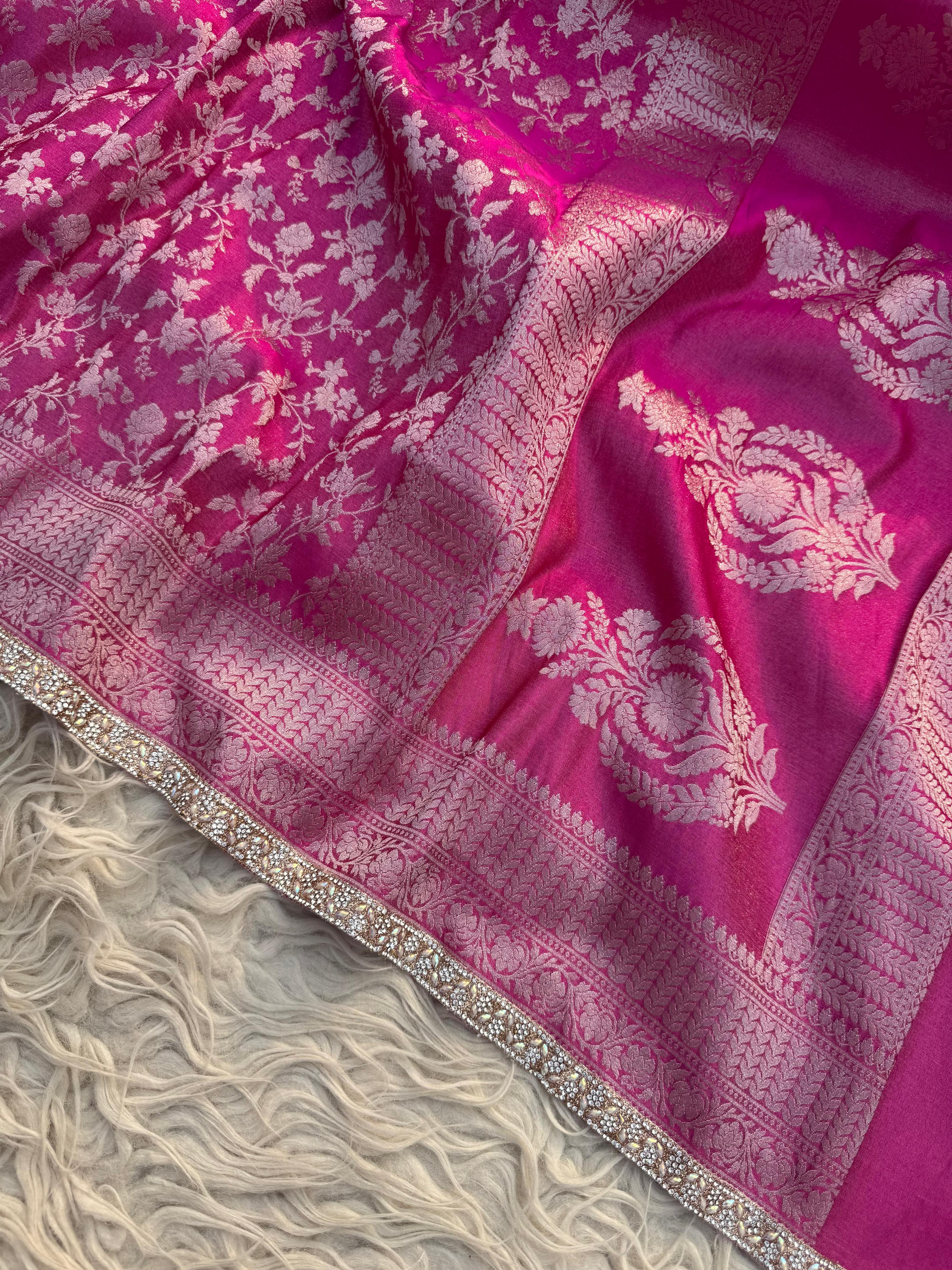 Anika Luxe - Banarasi Tissue chiniya silk saree - Ranipink - Image 10
