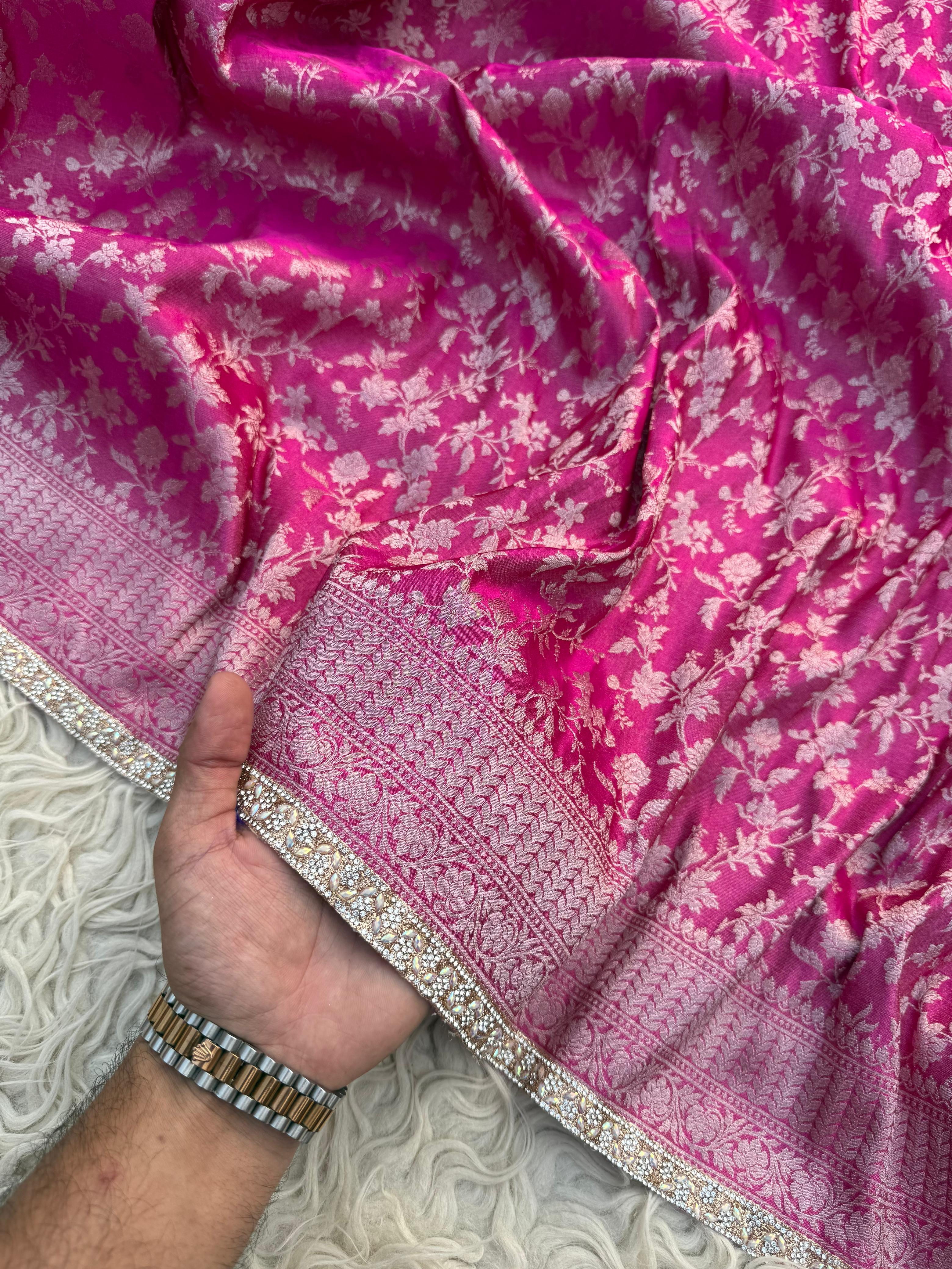 Anika Luxe - Banarasi Tissue chiniya silk saree - Ranipink - Image 9
