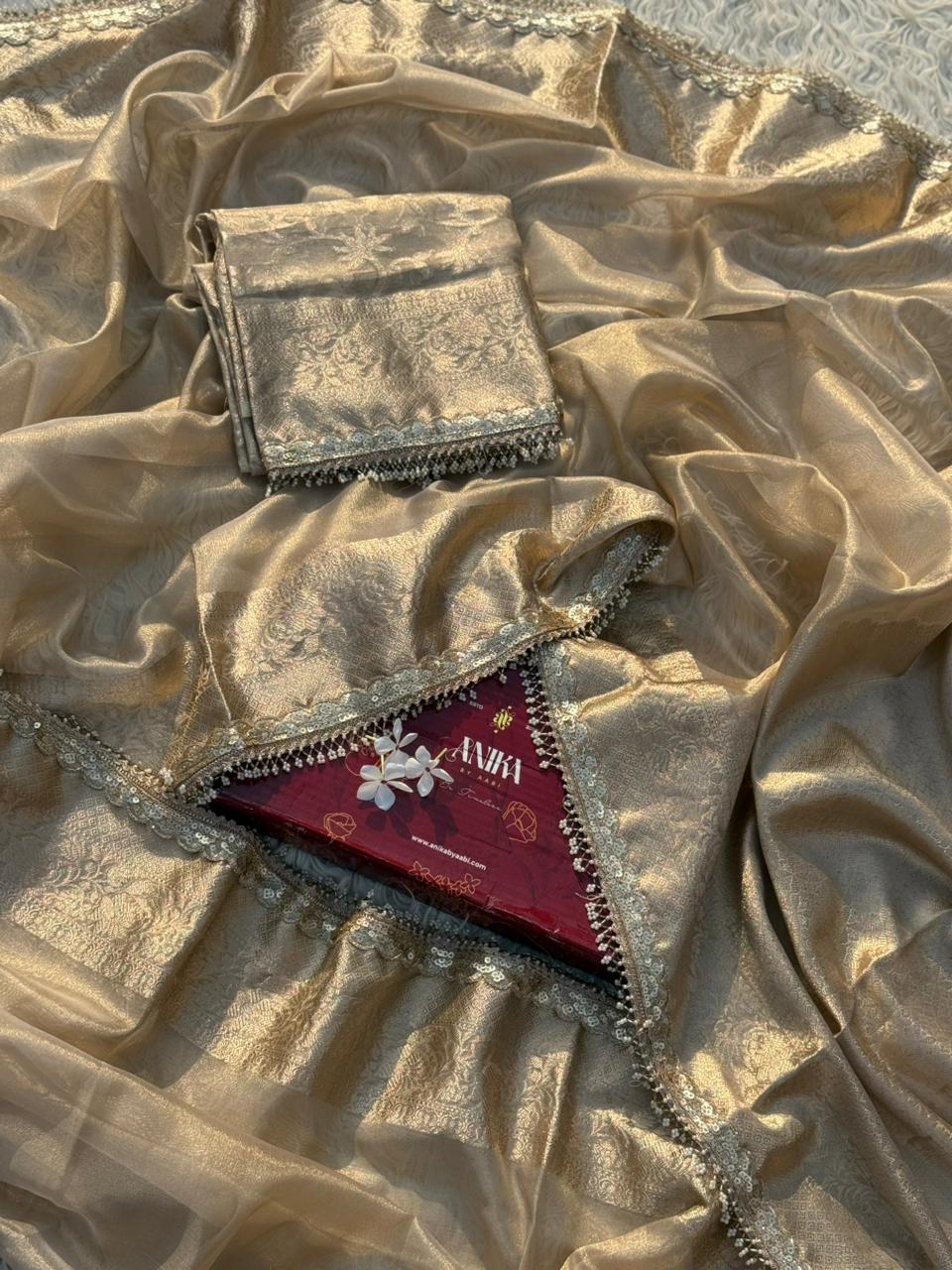 Anika's Banarasi Gold Tissue saree with Lace work - Golden Glow - Image 4