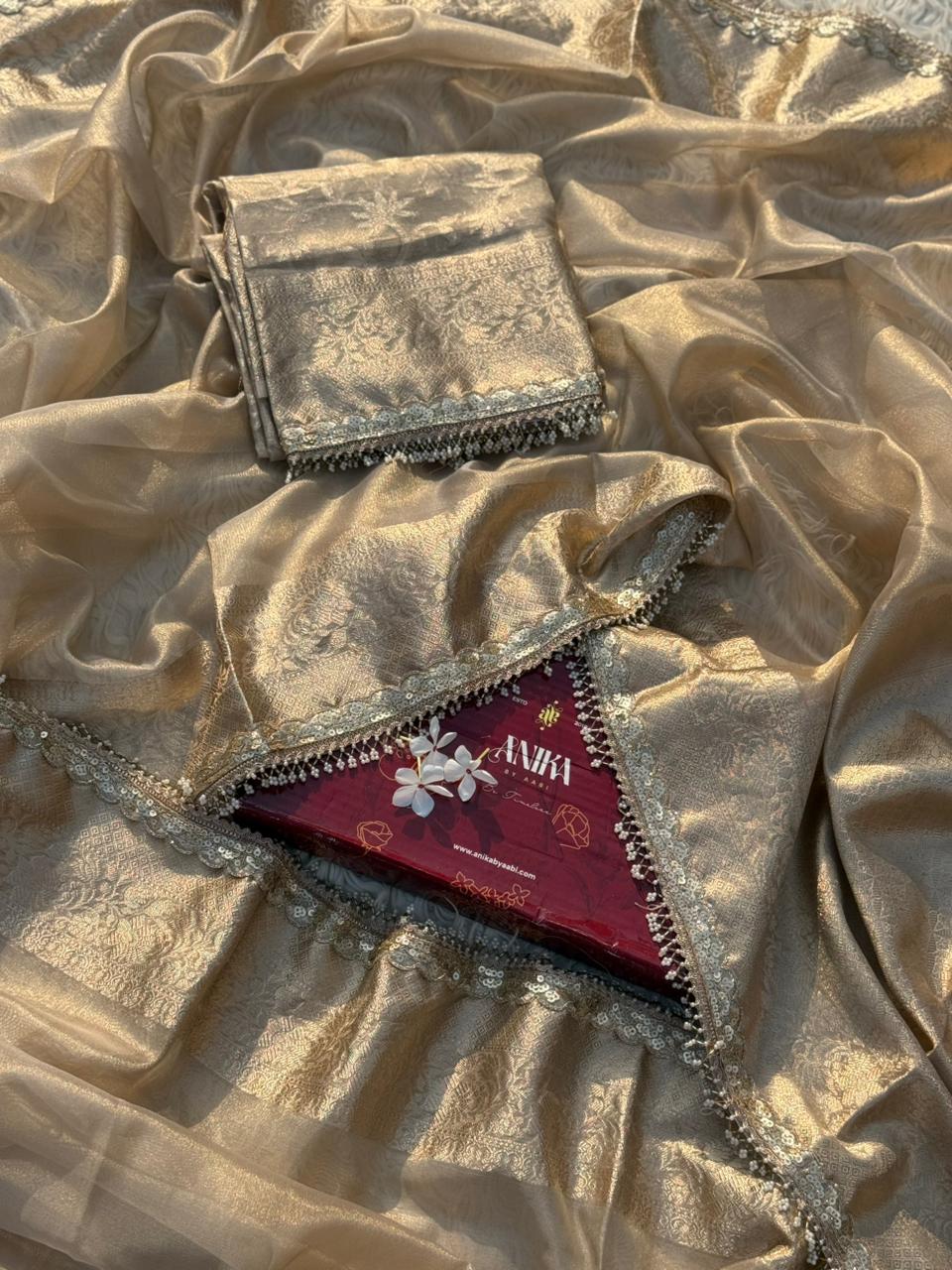 Anika's Banarasi Gold Tissue saree with Lace work - Golden Glow - Image 5