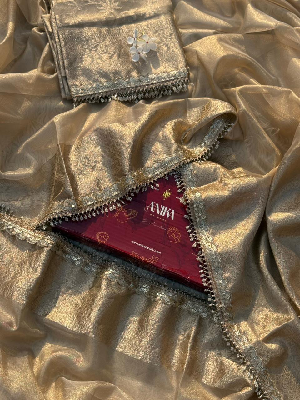 Anika's Banarasi Gold Tissue saree with Lace work - Golden Glow - Image 6