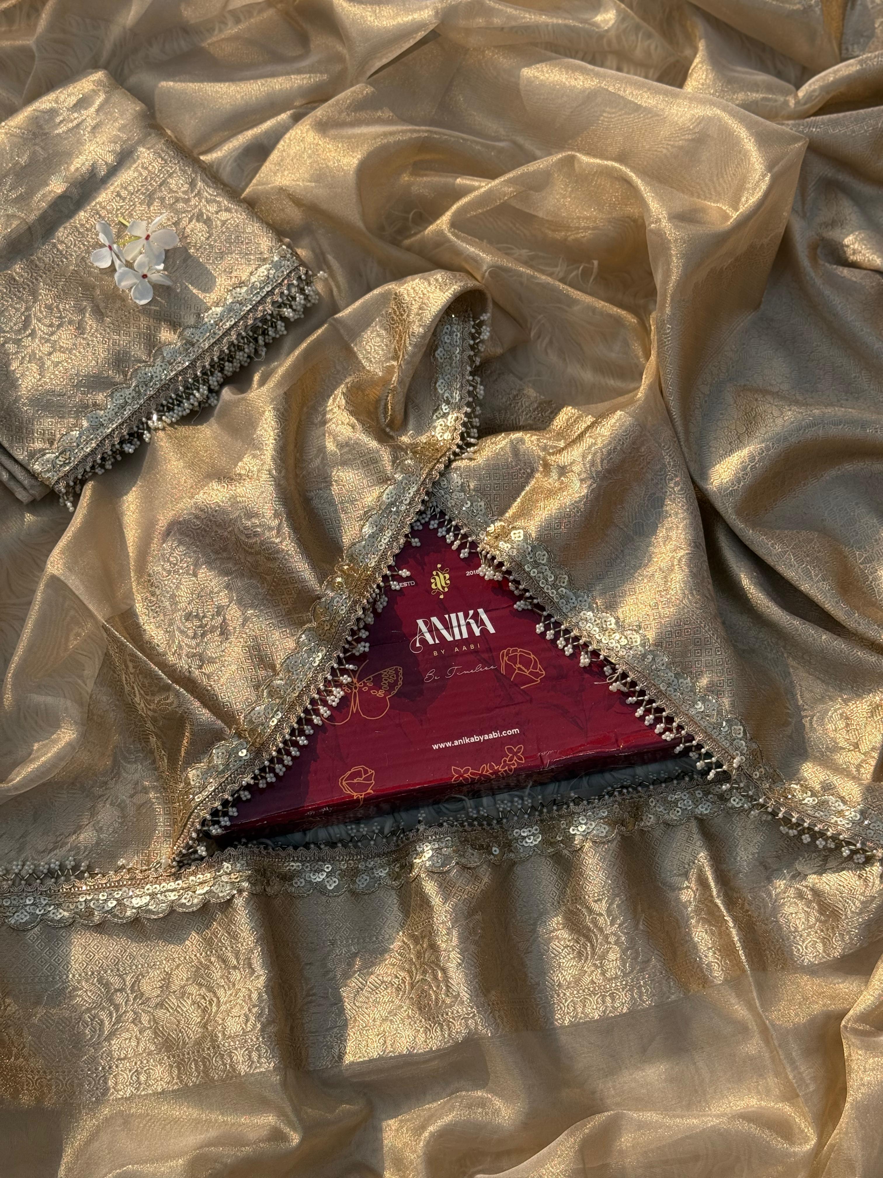 Anika's Banarasi Gold Tissue saree with Lace work - Golden Glow - Image 7