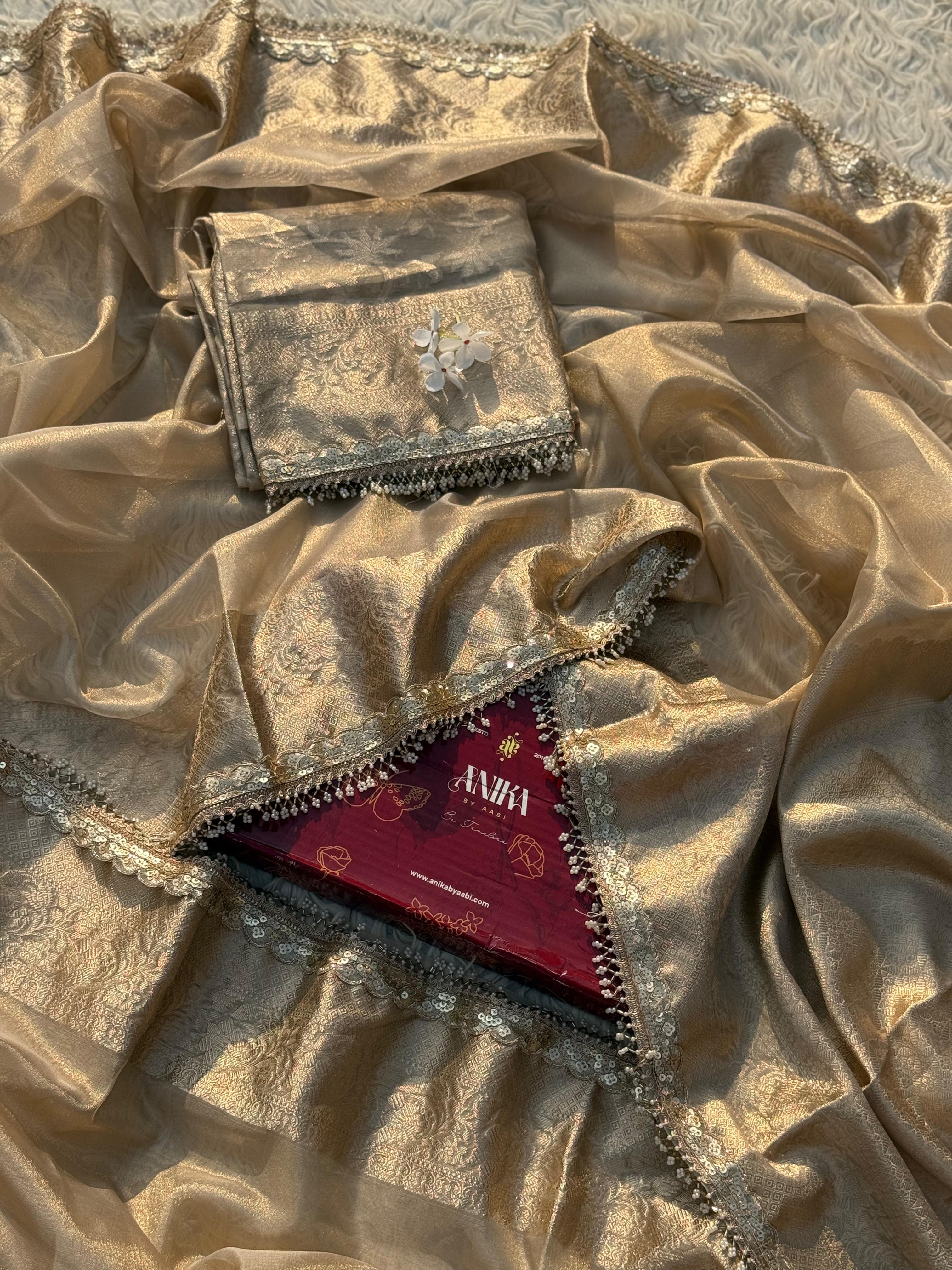 Anika's Banarasi Gold Tissue saree with Lace work - Golden Glow - Image 8