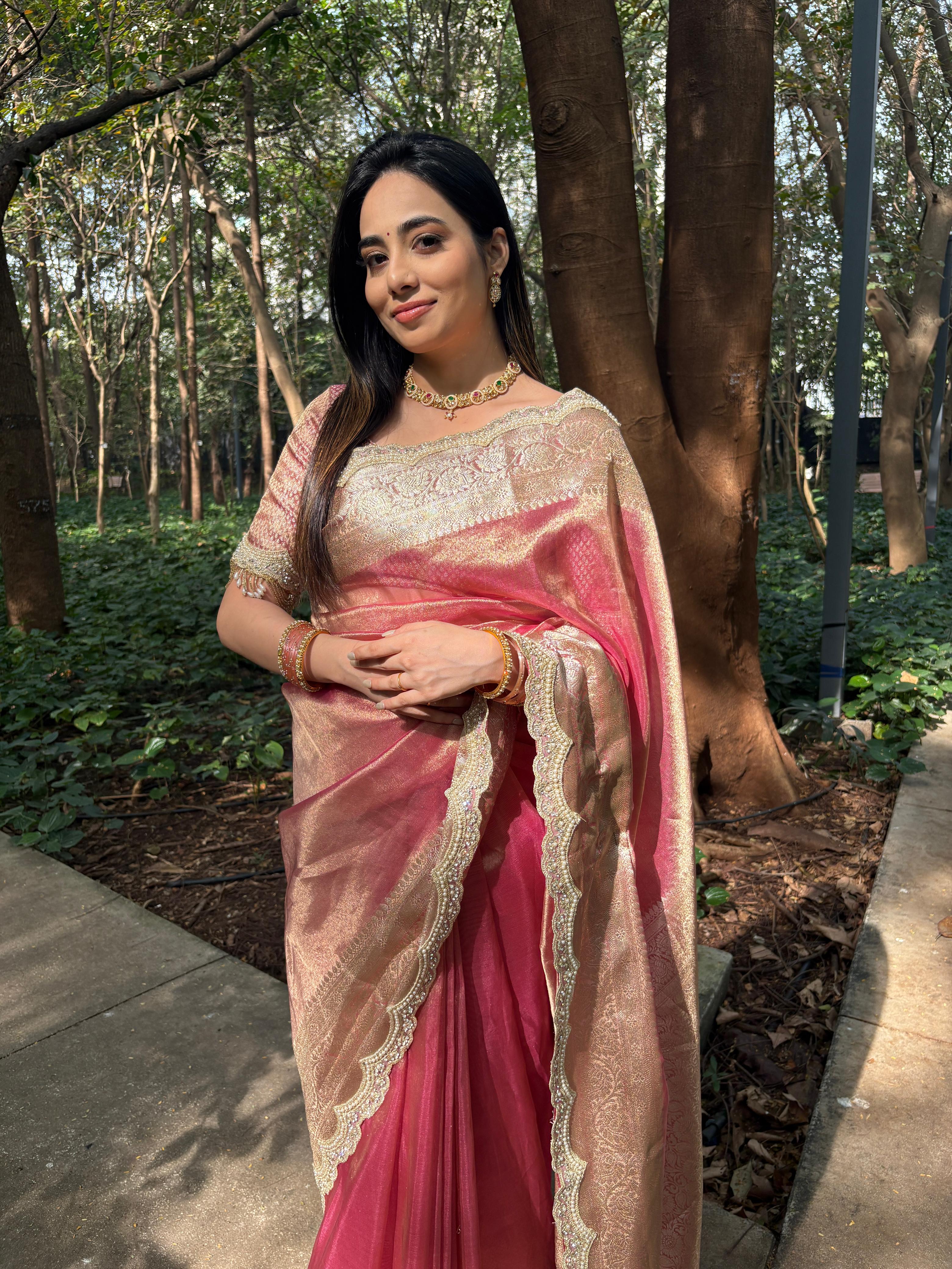Anika's Exclusive Rosegold pink Tissue silk saree -RAGHA - Image 10