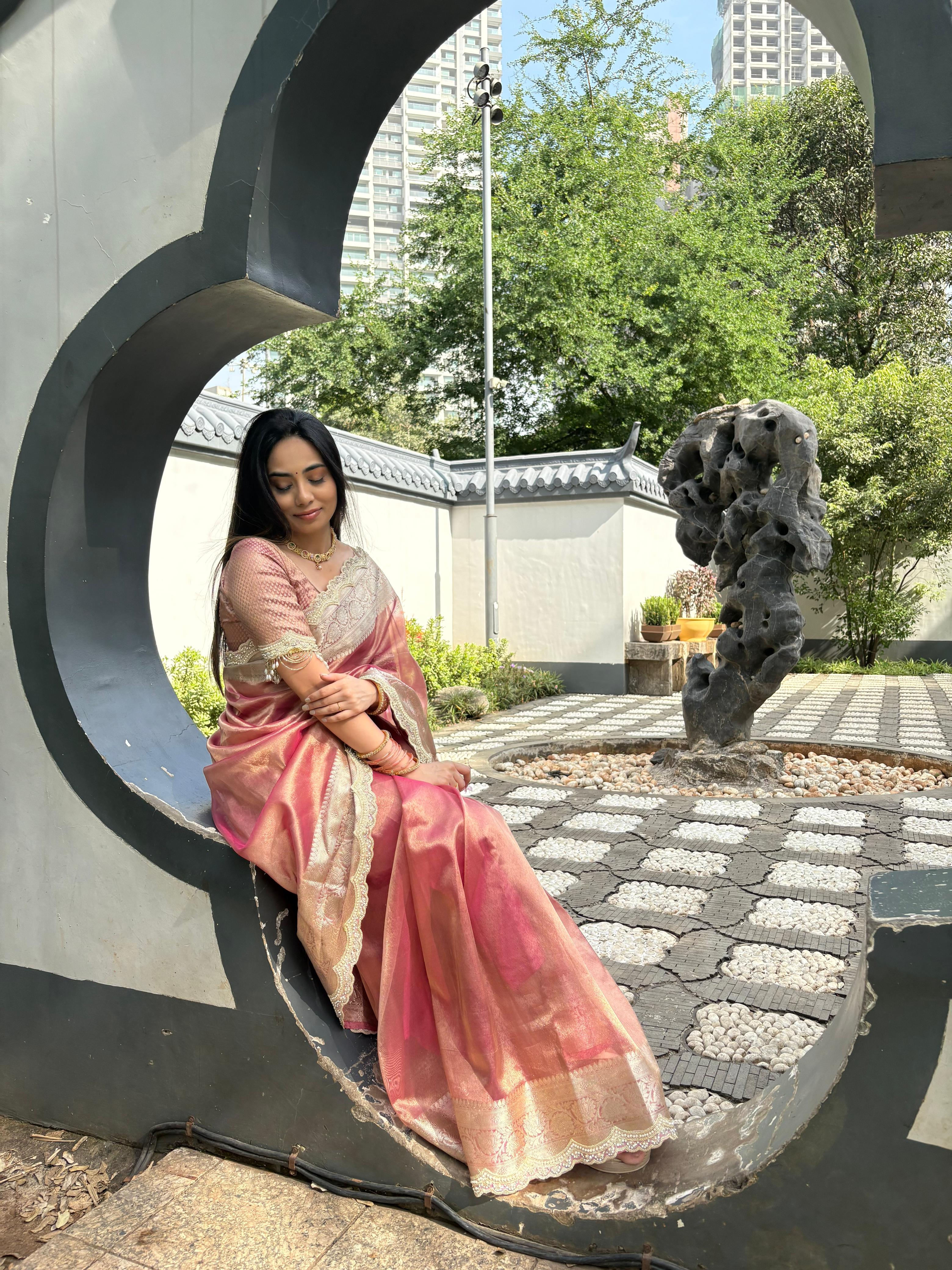 Anika's Exclusive Rosegold pink Tissue silk saree -RAGHA - Image 11