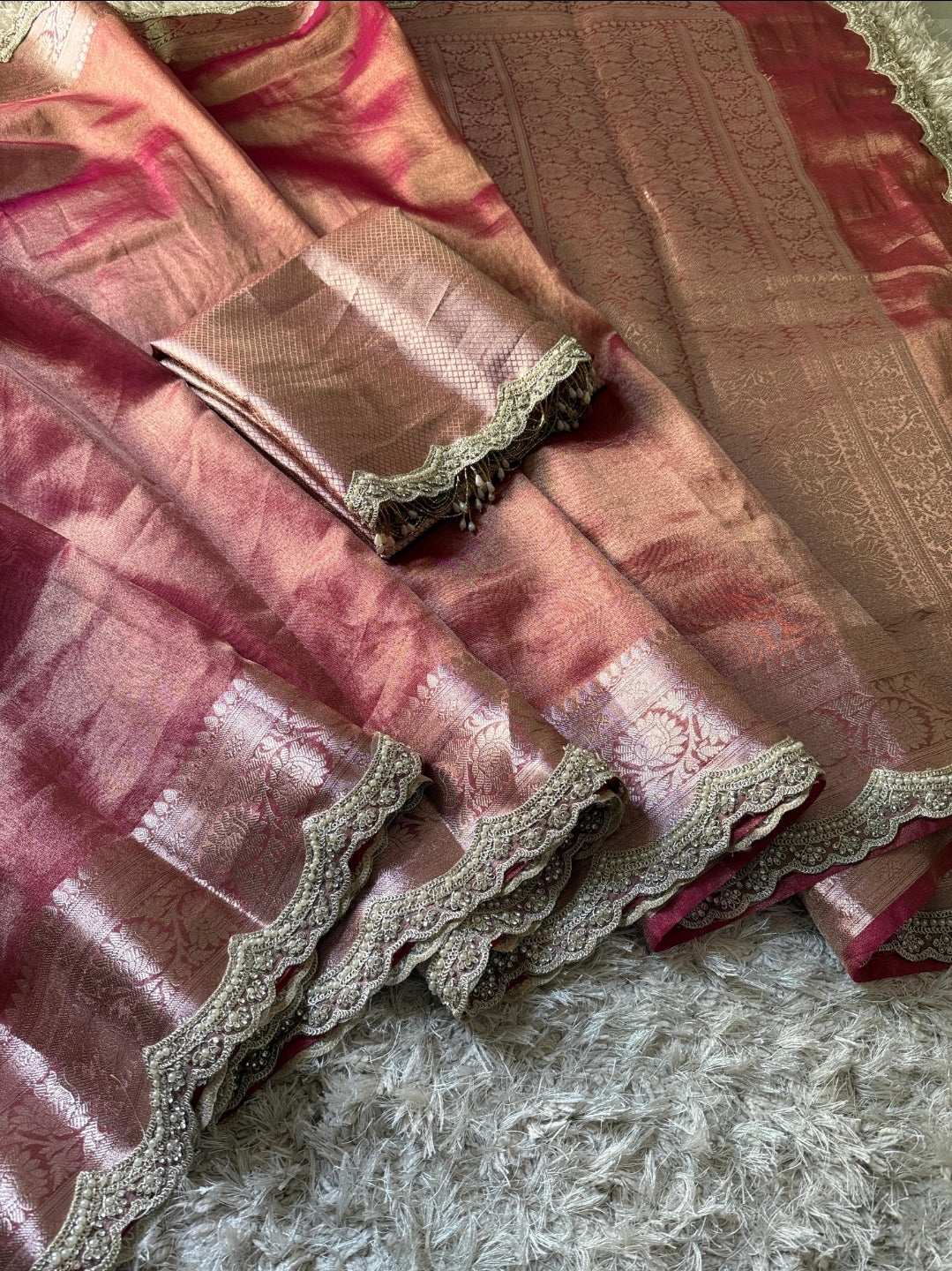 Anika's Exclusive Rosegold pink Tissue silk saree -RAGHA - Image 4