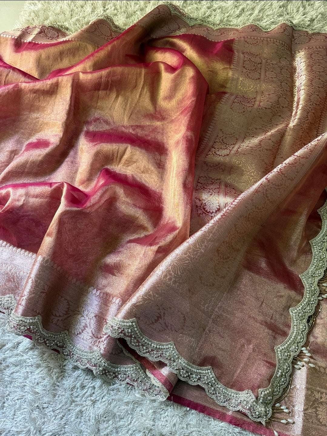 Anika's Exclusive Rosegold pink Tissue silk saree -RAGHA - Image 5
