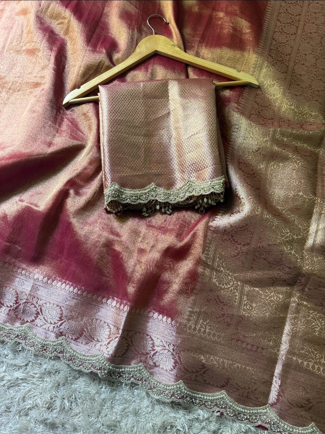 Anika's Exclusive Rosegold pink Tissue silk saree -RAGHA - Image 6