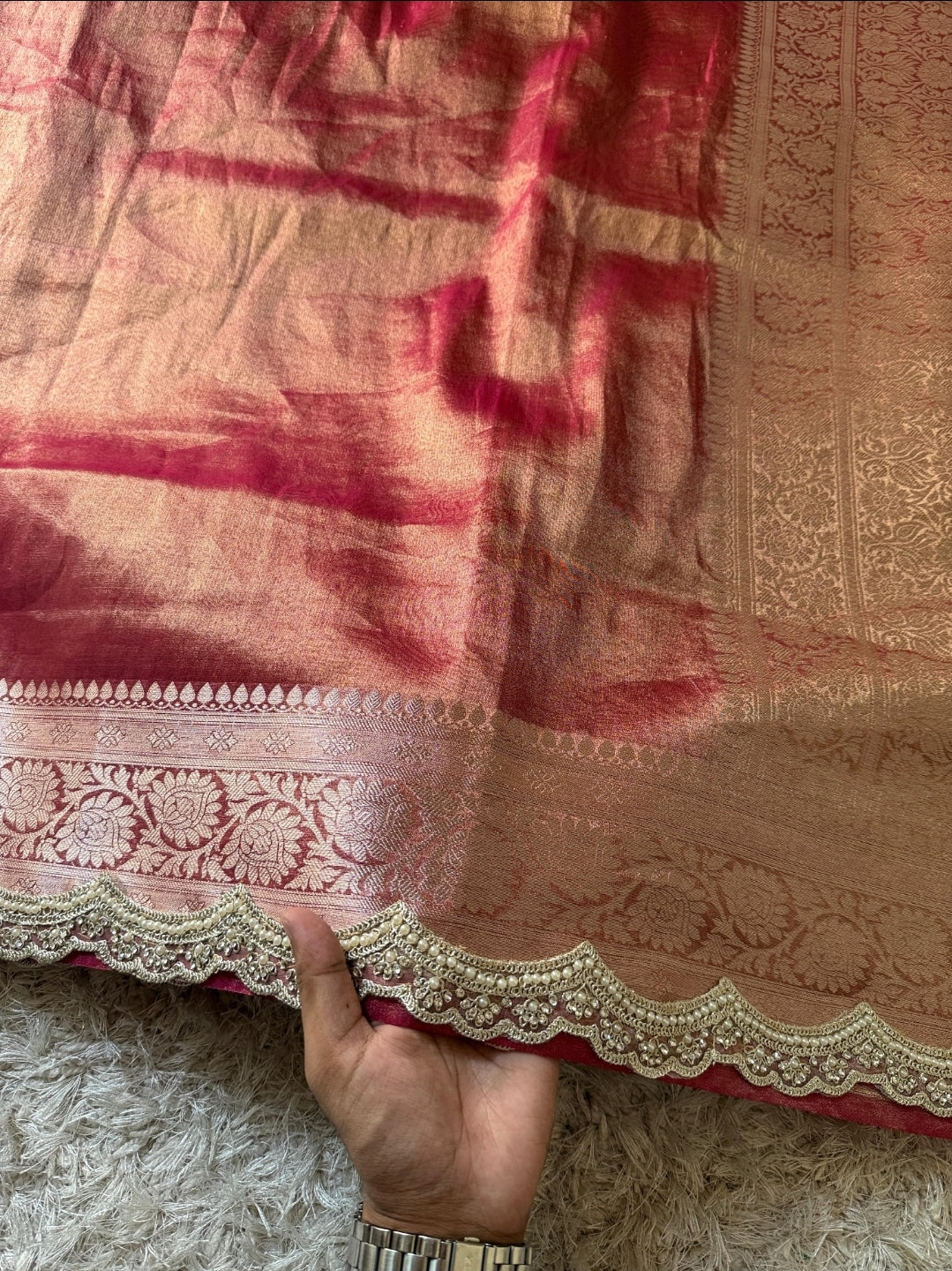 Anika's Exclusive Rosegold pink Tissue silk saree -RAGHA - Image 9