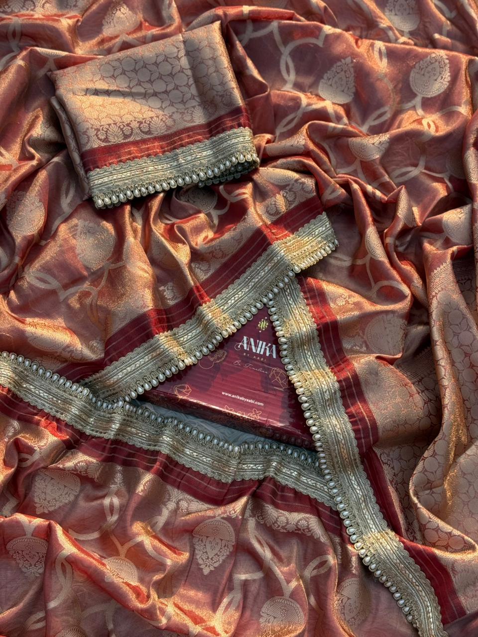 Anika's Tissue motif saree - Coffee Brown - Image 6