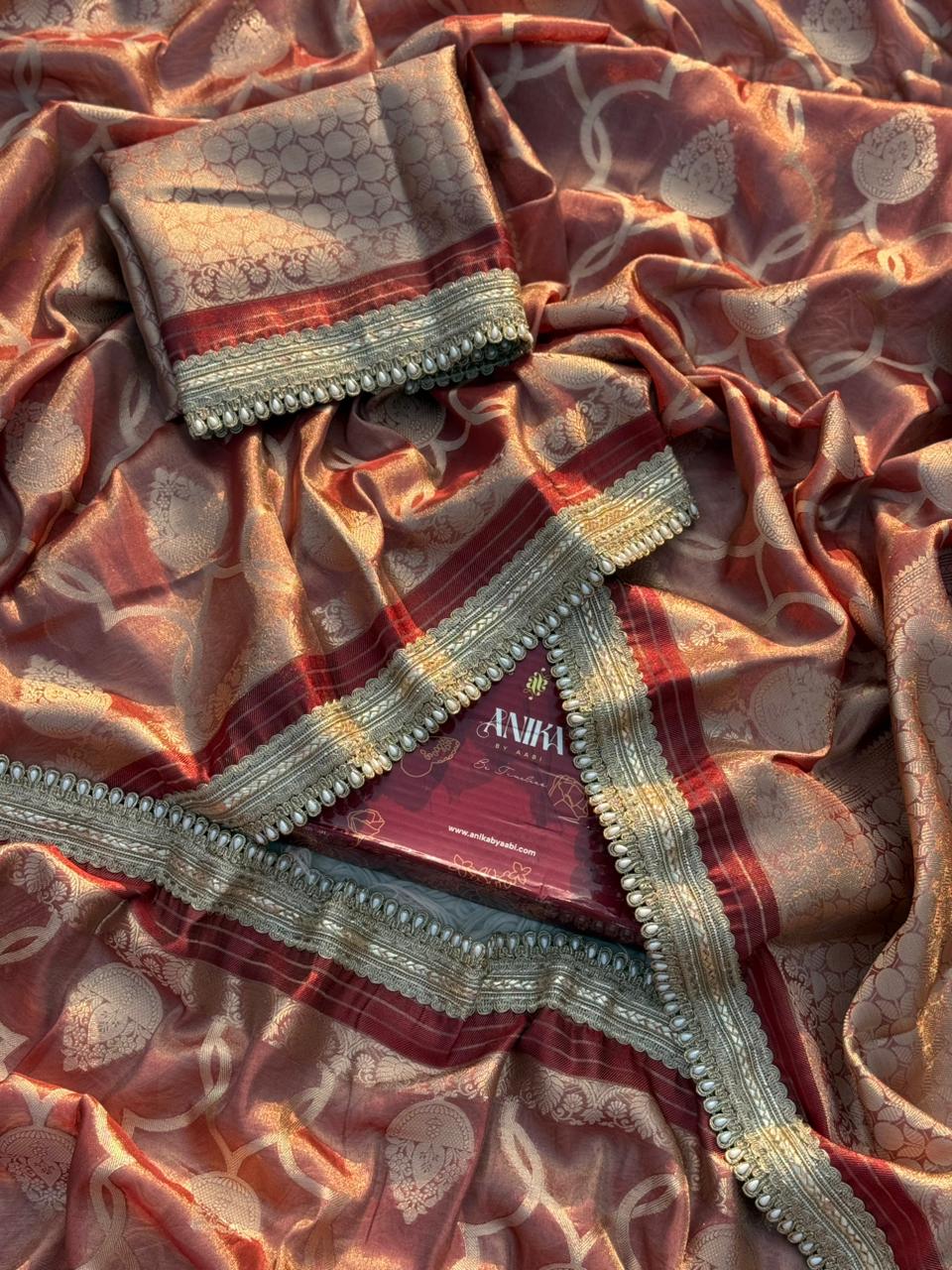 Anika's Tissue motif saree - Coffee Brown - Image 8