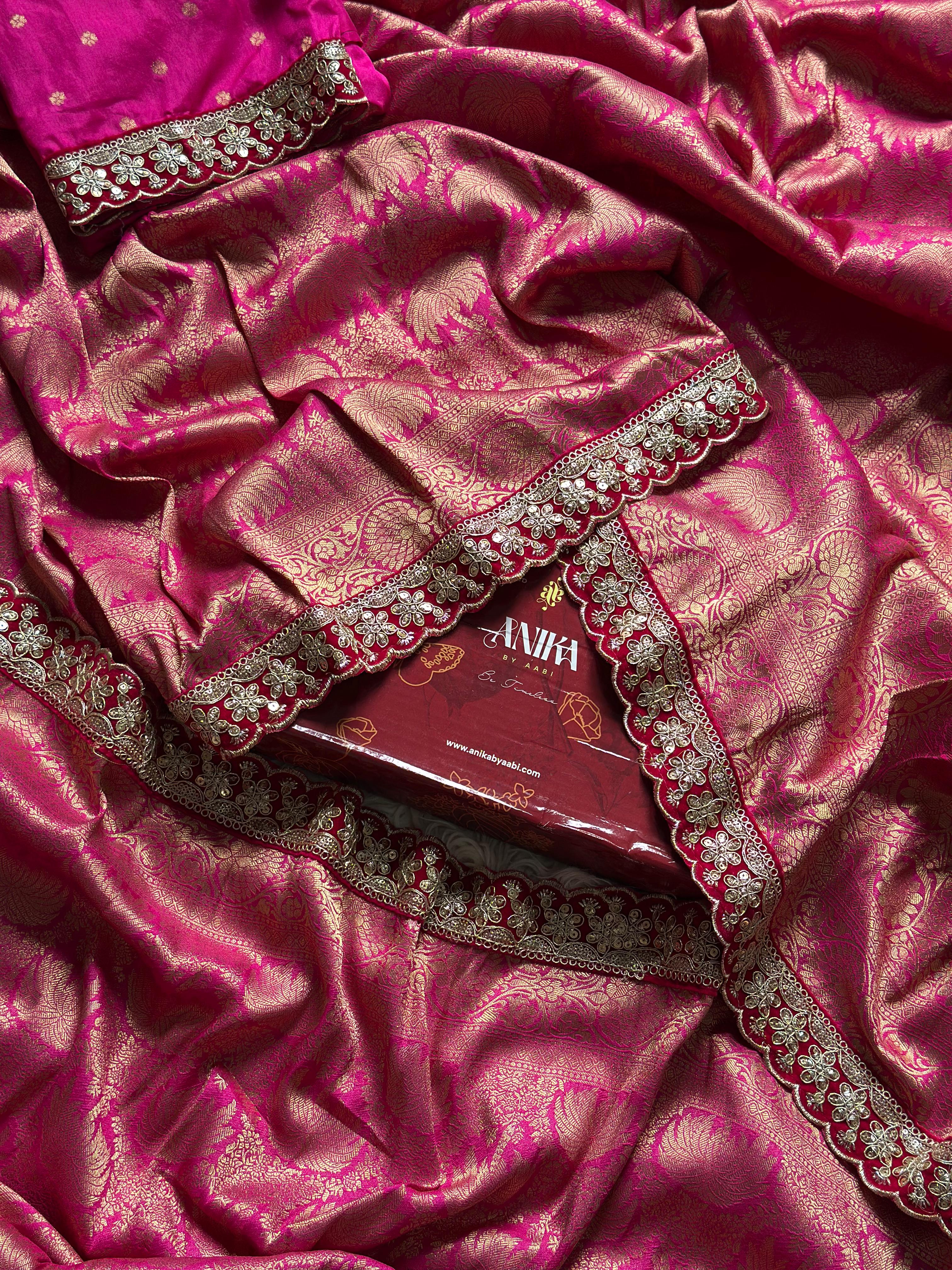 BANARASI BROCADE SILK SAREE WITH LACE - RANIPINK - Image 4