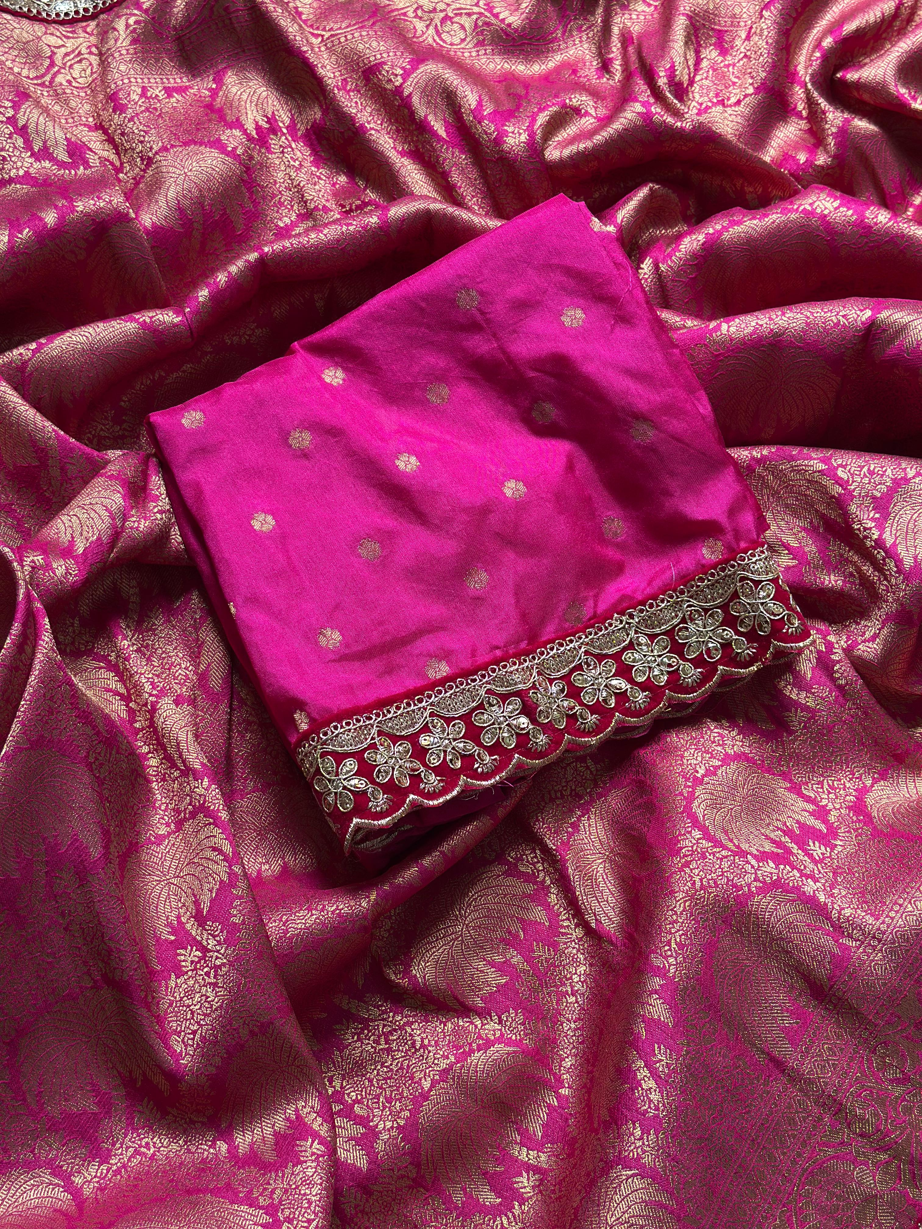 BANARASI BROCADE SILK SAREE WITH LACE - RANIPINK - Image 5