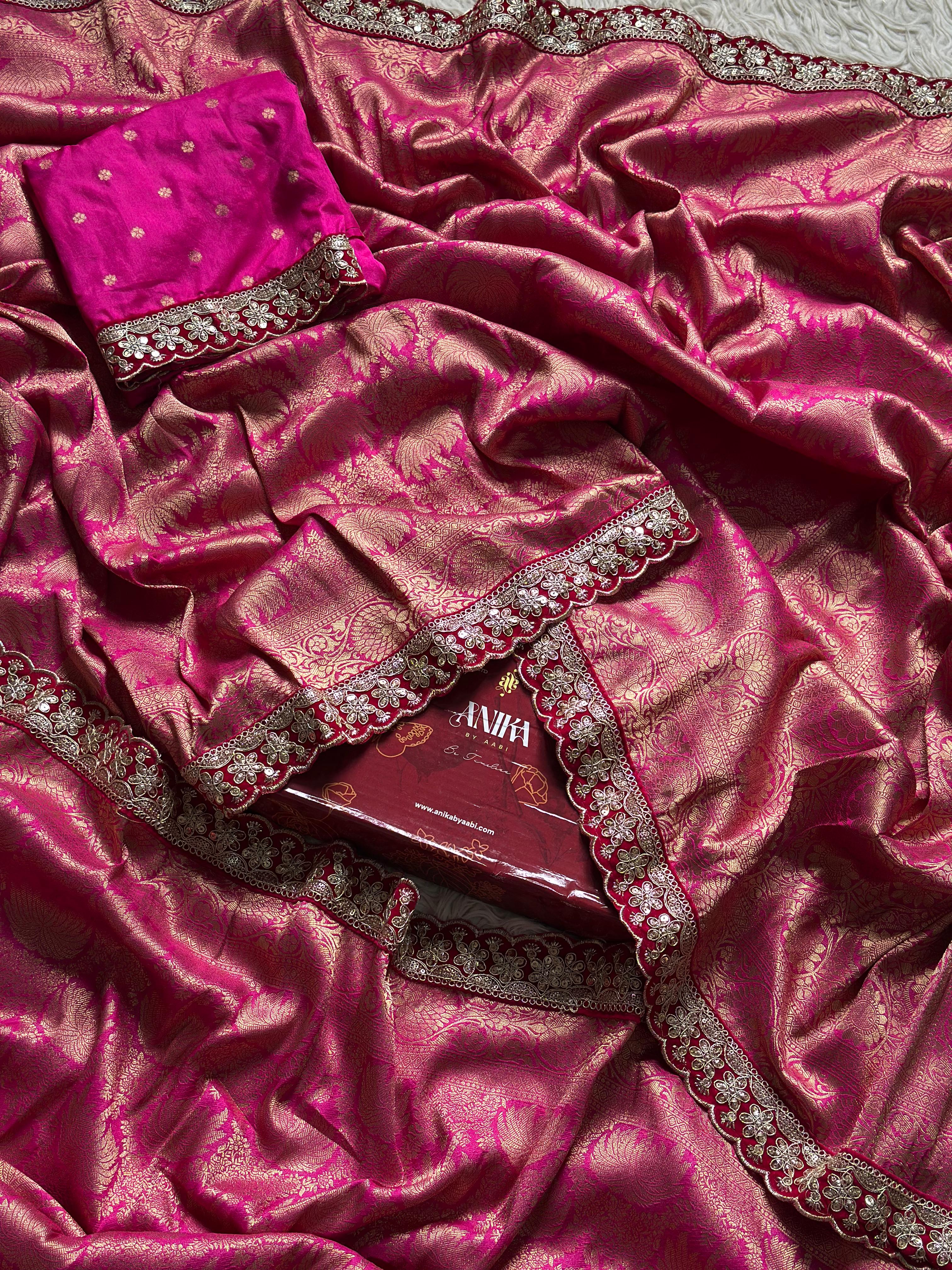 BANARASI BROCADE SILK SAREE WITH LACE - RANIPINK - Image 6