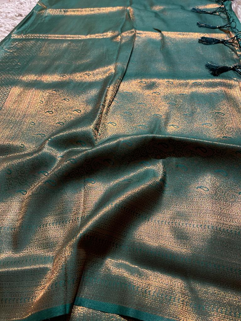 ROYAL AFFAIR- BOTTLE GREEN BANARASI BROCADE SILK SAREE - Image 5