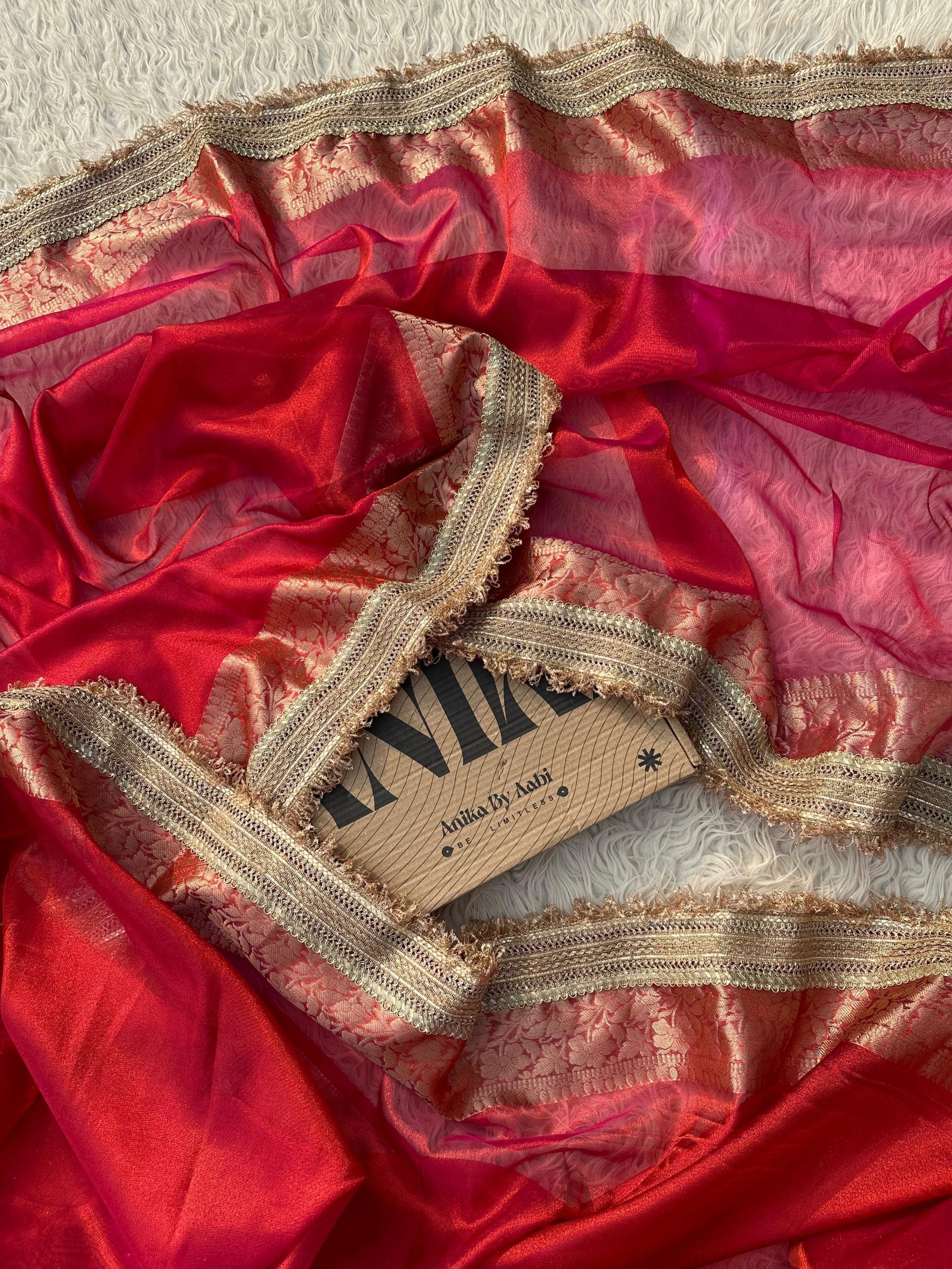 TISSUE LUXE-DARK PINKISH RED DUAL TONE SAREE - Image 7