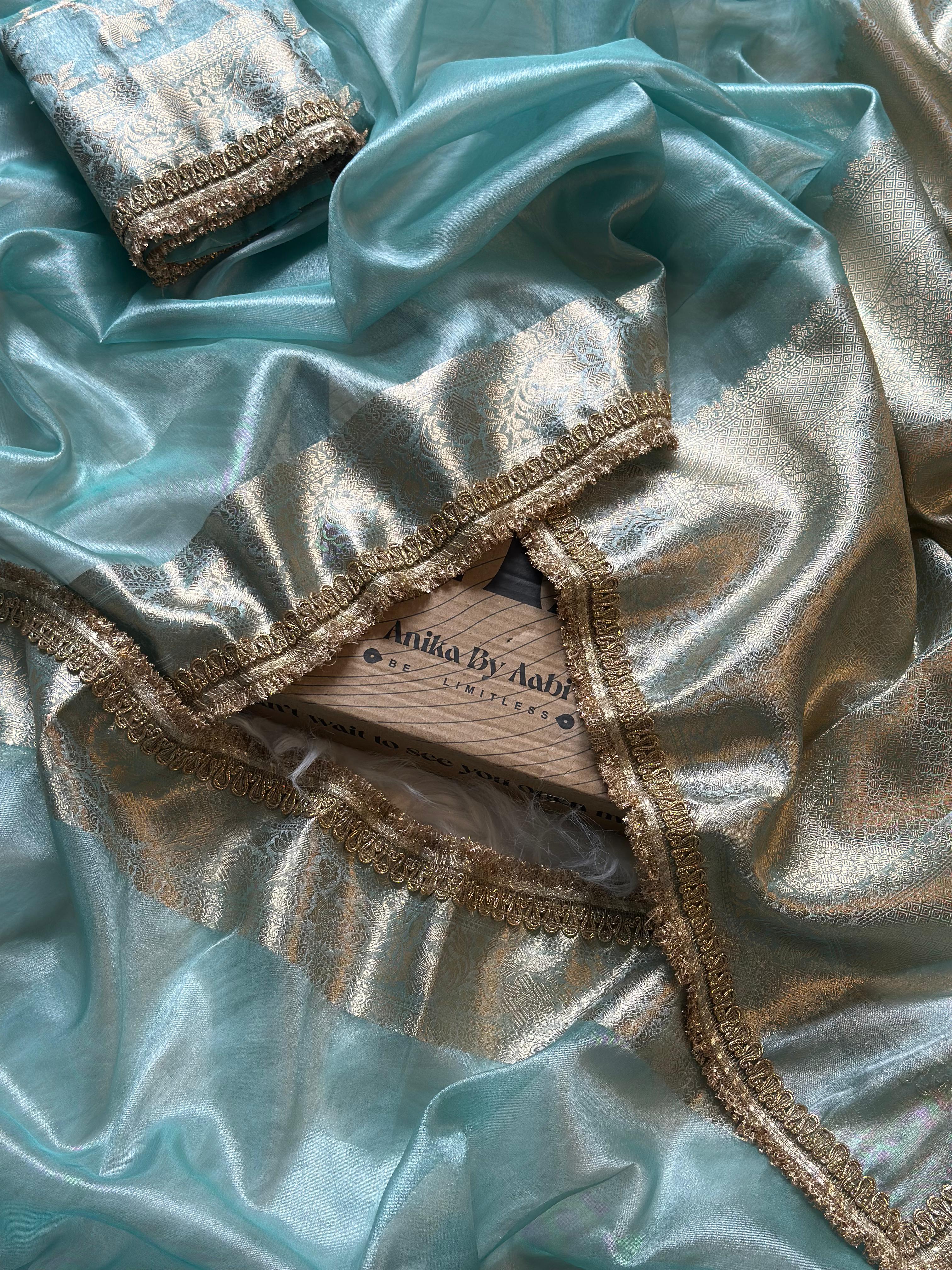 TISSUE LACE SAREE- ANIKA'S BANARASI -SKY BLUE - Image 10
