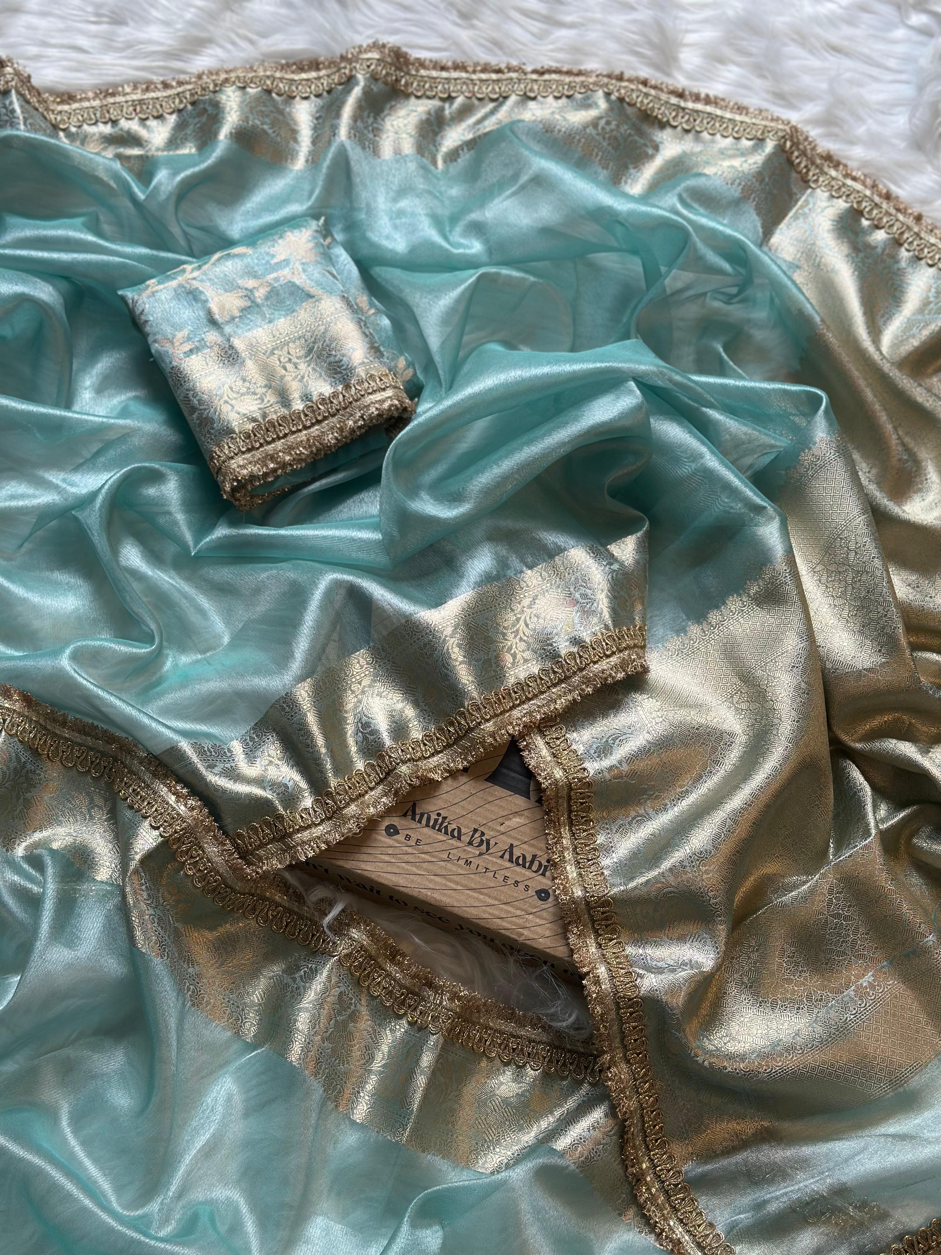 TISSUE LACE SAREE- ANIKA'S BANARASI -SKY BLUE - Image 3