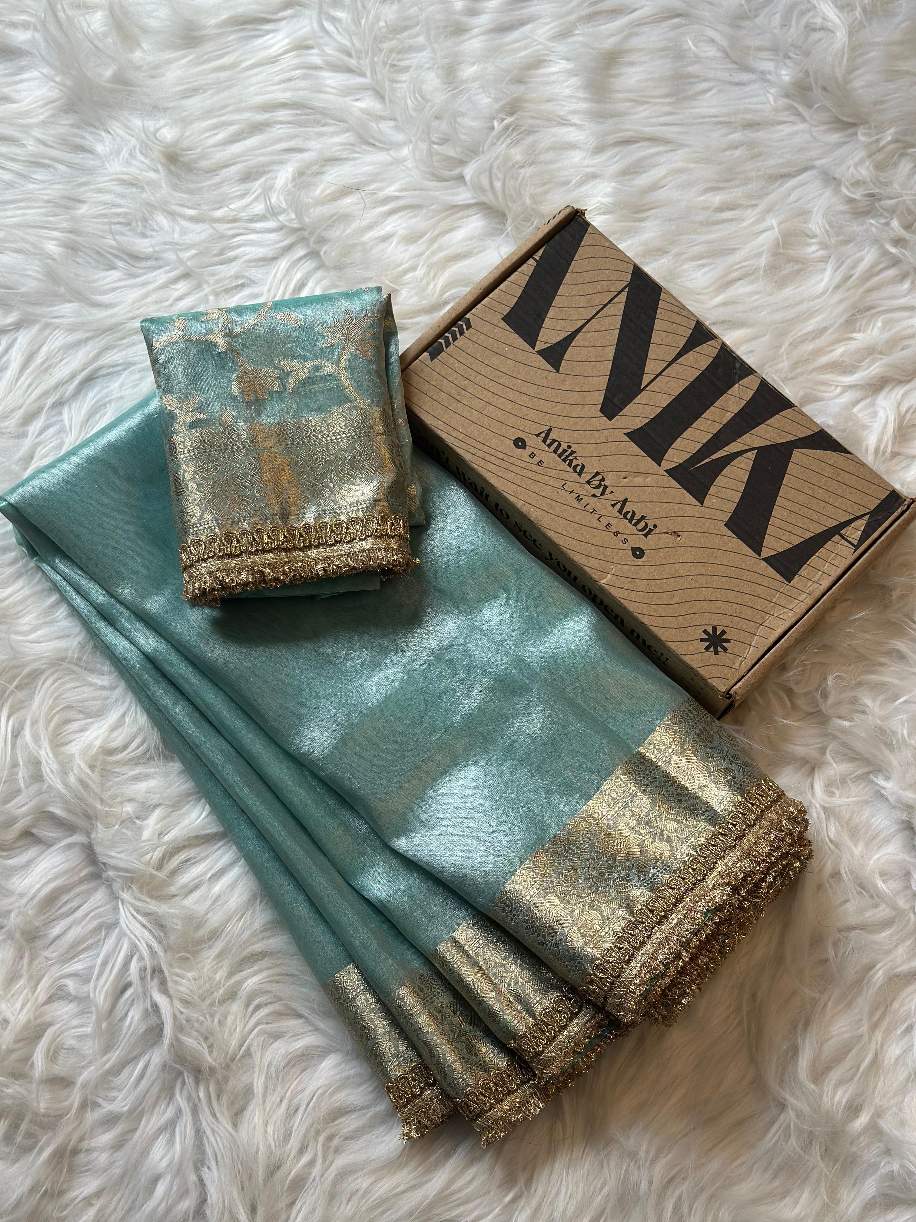 TISSUE LACE SAREE- ANIKA'S BANARASI -SKY BLUE - Image 5