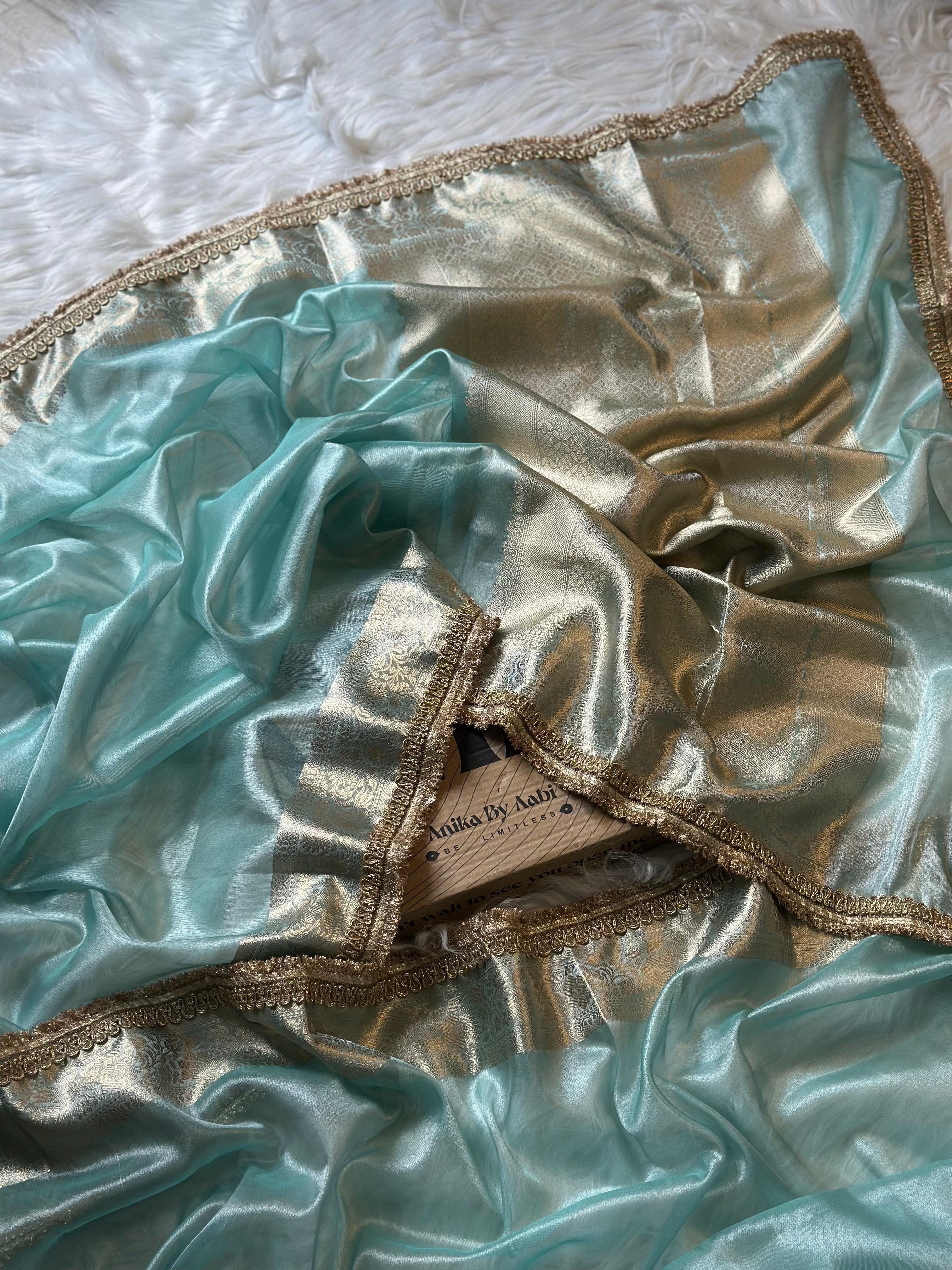 TISSUE LACE SAREE- ANIKA'S BANARASI -SKY BLUE - Image 6