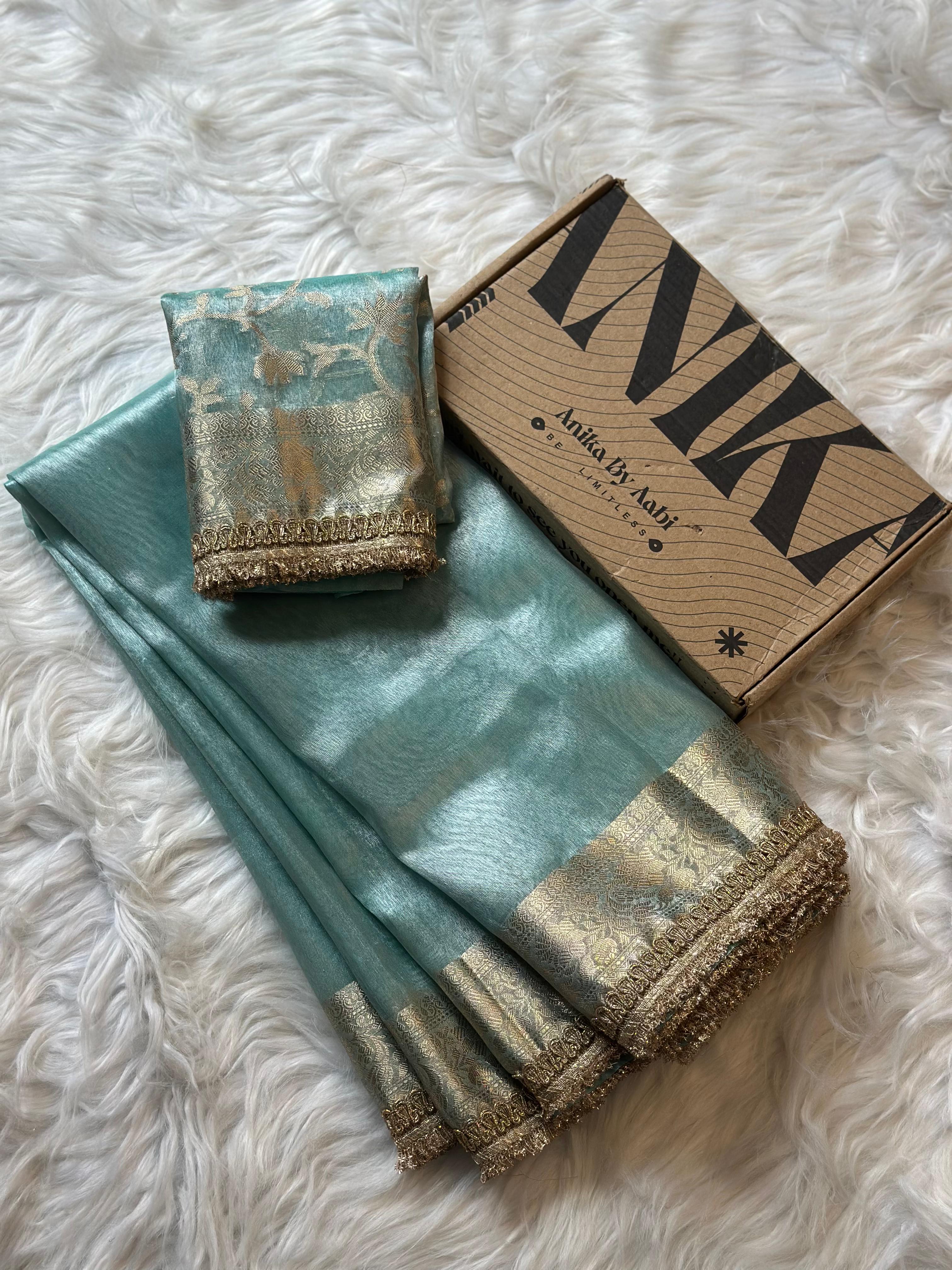 TISSUE LACE SAREE- ANIKA'S BANARASI -SKY BLUE - Image 9
