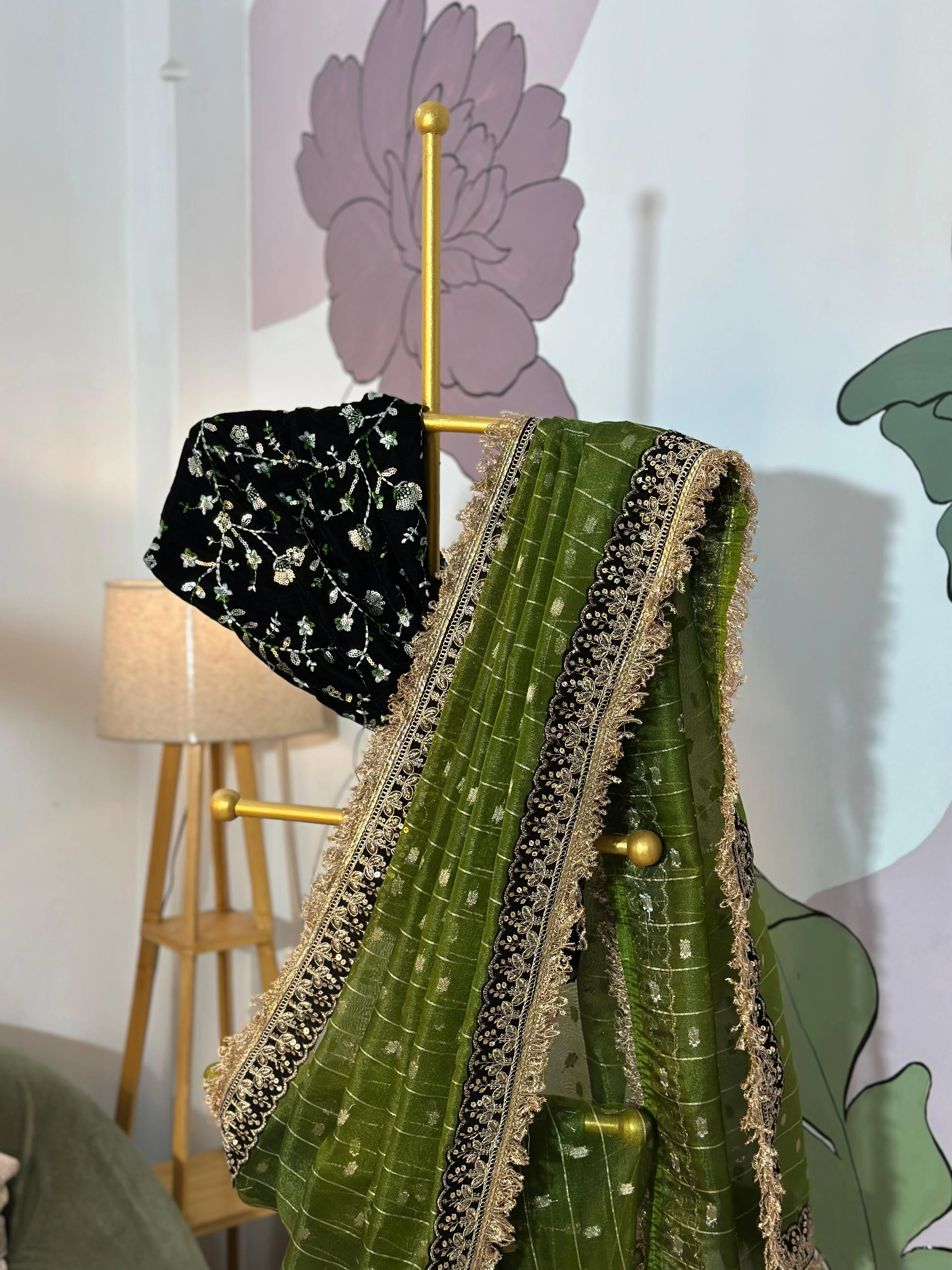 TISSUE LUXE  CHECKS SAREE -Green - Image 4