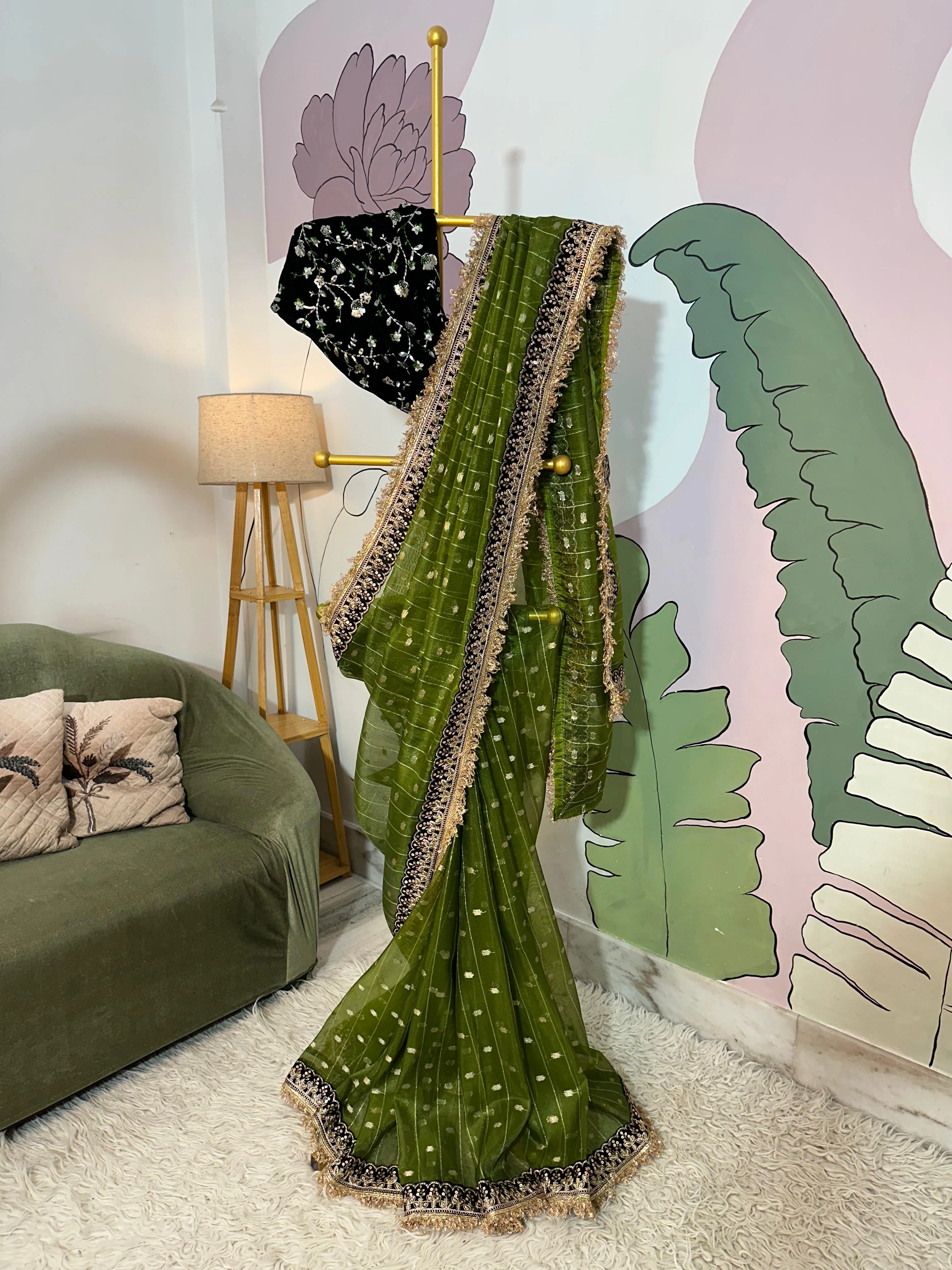 TISSUE LUXE  CHECKS SAREE -Green - Image 5